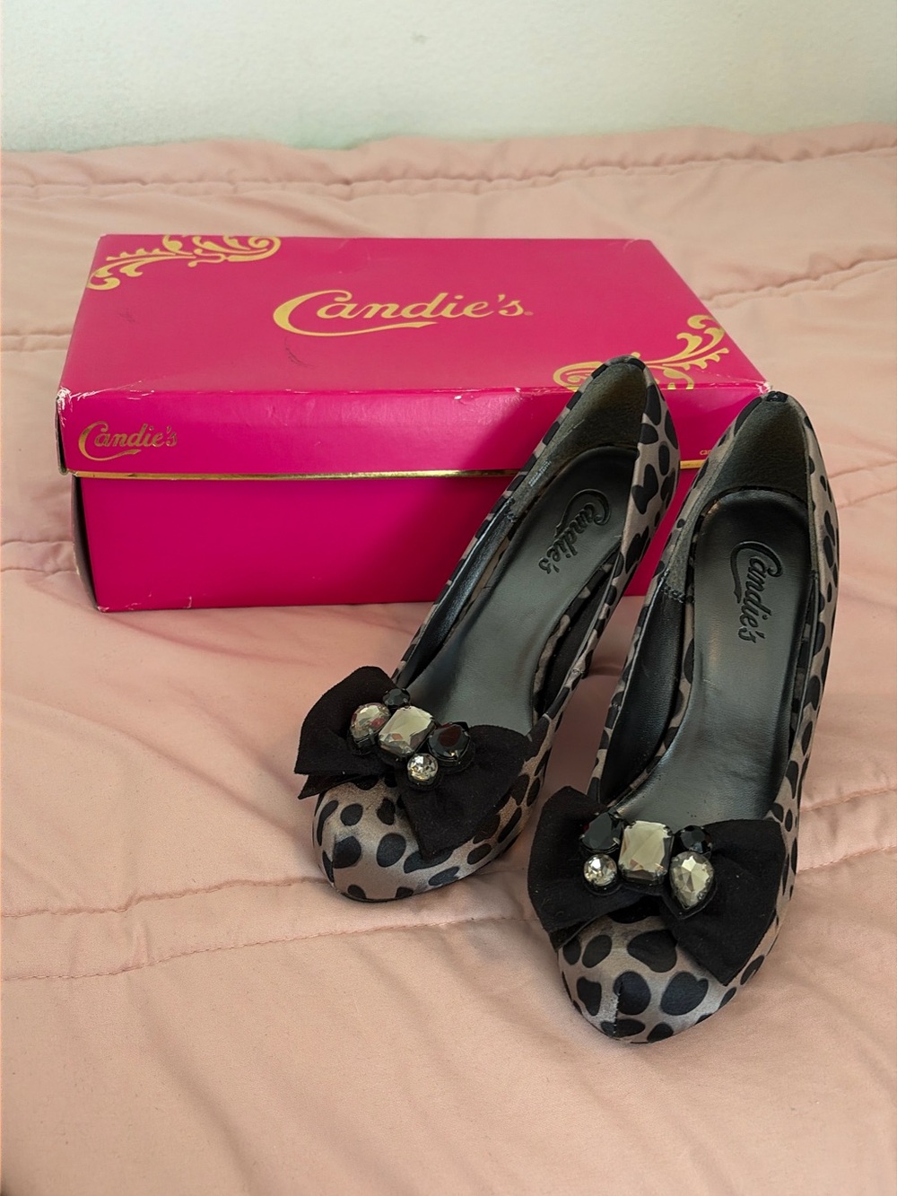 Candie's Leopard Print Bow Pumps with Black Bow and Gem Accents